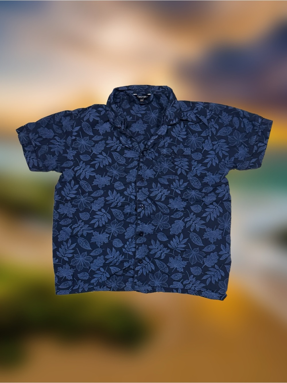 George Men’s Size Medium Blue Floral Print Short Sleeve Button-Up Hawaiian Shirt